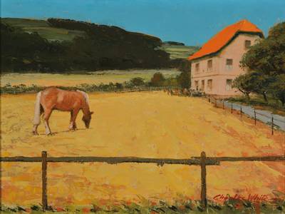 Charles White, 1928-1997, Konvolut aus zwei Gemälden, Dorfansicht vor Fluss, Öl/Malplatte, signiert (verblasst), ca. 15x30 cm, Rahmen, Pferd auf ...