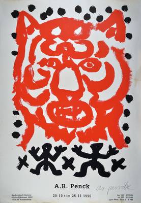 A.R. Penck, geb. 1939 Dresden, Tiger Farbsiebdruck, handsigniert, starke Gebr.-Sp., knitterfaltig, mit Riss und Flecken, Blattgr. ca. 99x70 cm