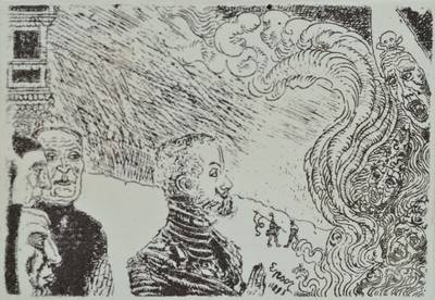 James Ensor, 1860-1949, Auto-da-fé, Radierung, handsigniert, rückseitig Authentizitätsstempel Centre National Pour l´Etude du XIX-XXme Siecle de ...