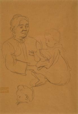 Gabriele Münter, 1877-1962, Bleistiftzeichnung, Mutter und Kind, mit Studie zu einem Kinderkopf, um 1901/02, verso Nachlass-Stempel, auf gebräuntem ...