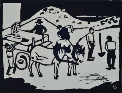 Gabriele Münter, 1877-1962, Holzschnitt, Bauarbeit, Handabzug vom Originalstock, um 1912, Auflage 150 auf BFK-Rives, 37/150, Motiv ca. 16,5x22 cm, ...