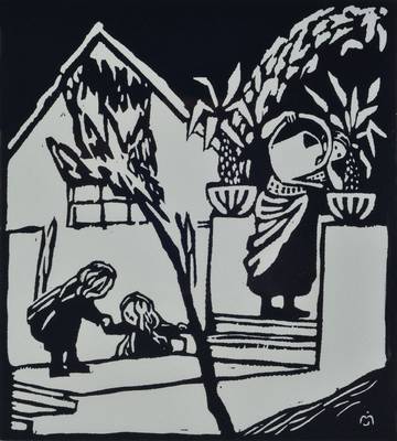 Gabriele Münter, 1877-1962, Holzschnitt, Blumengießen, Handabzug vom Originalstock, um 1912, Auflage 150 auf BFK-Rives, 53/150, Motiv ca. 22x19,5 ...