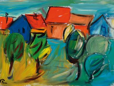 Hartmut Ritzerfeld, geb. 1950 Stolberg, Studium an der Akademie Düsseldorf bei Joseph Beuys und Kneidl, hier: Eifeldorf am Abend, Acryl/Lwd, ...