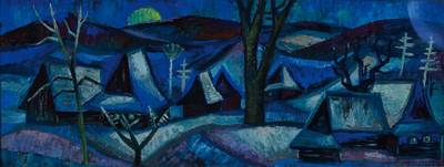 Jaroslava Hyzova, 1915-1992, Schülerin von Prof. Tittelbacha in Prag, hier: abstrakte Landschaft auf blauem Grund, Mischfarbe in feiner ...