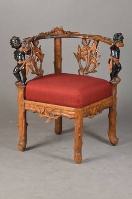 Stuhl, wohl süddeutsch um 1880-1900, sog. Naturalismus-Möbel im Rokoko-Stil, z.T. vollplastisches Geäst mit geschwärzten Puttihermen, kurios, neu ...