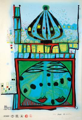 Friedensreich Hundertwasser, 1980-2000, Homo Humus Come Va, Farbsiebdruck mit Metallfolienprägung, drucksigniert und nummeriert 1373/10001, ca. ...