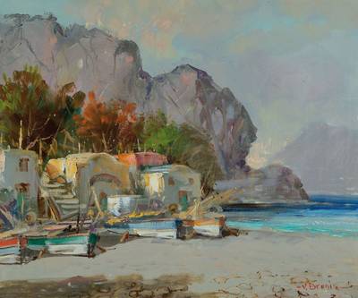 Umberto Bruni, geb. 1914, Fischerboote am Strand, Öl/Lwd, rechts unten signiert, ca. 50x60cm, Rahmen