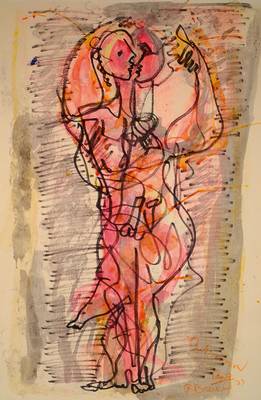 Rudi Baerwind, 1910-1982, Mischtechnik auf Papier, Tanz, signiert und datiert 73, betitelt, PP, ca. 60x39,5 cm, unter Glas gerahmt
