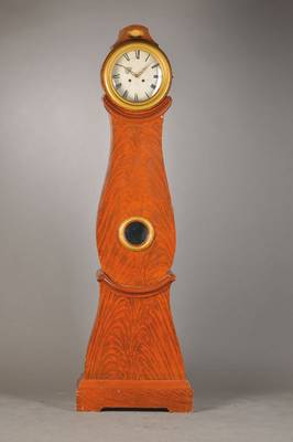 Standuhr, Skandinavien um 1800/20, Hartholzgehäuse in Violinform, farblich gefasst, Metallzifferblatt, mass. Messingzeiger, Eisenplatinenwerk, ...