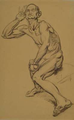 Max Ackermann, 1887-1975, Kohlezeichnung auf Velin, Männlicher Akt horchend, an den Ecken fest montiert auf Velin, Unikat, 1917 gezeichnet, verso ...