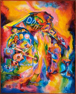 Unbekannter Monogrammist SP, Rock Konzert, Öl/Lwd, monogrammiert und datiert 2013, ca. 100x80 cm, Ausstellungsleisten
