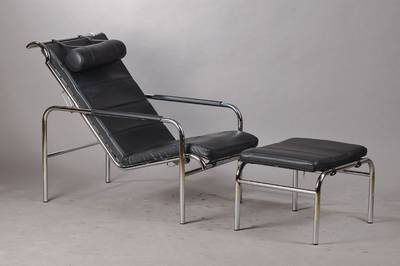 Lounge Chair "Genni" , Stahlrohrgestell verchromt, Liege in schwarzem Leder mit Fußhocker, Gabriele Mucchi Entwurf von 1935, Ausführung: ...