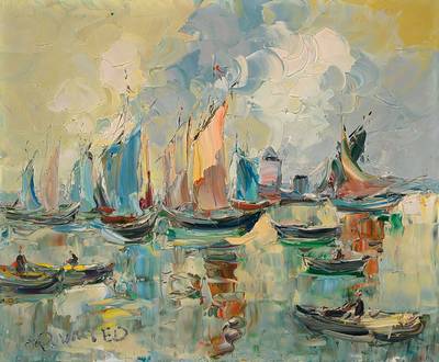 Walter Prescher van Ed, 1916 Dresden - 1988 Wiesbaden, Studium an der Akademie Dresden, hier: Bei St. Tropez am Abend, Öl/Lwd, links unten signiert, ...