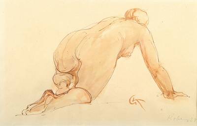 Georg Kolbe, 1877 Waldheim in Sachsen-1947 Berlin, knieender Rückenakt, aquarellierte Tuschzeichnung, monogrammiert GK, ca. 18x28cm,unter Glas, ...