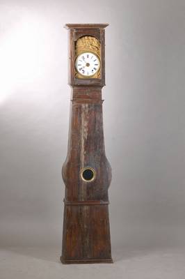Standuhr, Frankreich um 1850/60, Weichholzgehäuse, Violinform, stark spannungsrissig u. Reste alten Wurmbefalls, Füsse abgenommen, Uhr Comtoise, ...