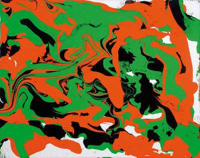 Bronco54, geb. 1954 Neustadt/Wstr., Multiperspektivisch Grün Schwarz Orange, Acryl/Lwd, rückseitig signiert und datiert Oktober 2014, ca. 50x40 cm
