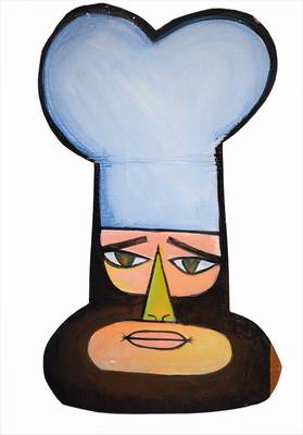 Jim Avignon, geb. 1966, Acryl/Karton, Objekt, Kochmütze, unsigniert, ca. 77x46 cm