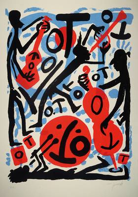 A.R. Penck, geb. 1939 Dresden, Mauer im Kopf (Vier Musikanten), Farbserigraphie auf Büttenpapier, handsigniert und nummeriert e.a., 1989, Blattgr. ...