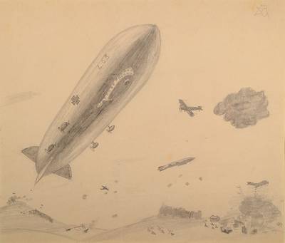 -- entfällt -- Otto Dix, 1891-1969, Bleistiftzeichnung, "Zeppelin", oben rechts handsigniert, mit Bugfalte, ca. 30x34,5 cm, unter Glas ...