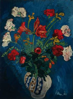Unbekannter zeitgenössischer Künstler, Blumenstillleben, Öl/Hartfaser, rechts unten unleserlich signiert, datiert 70, ca. 80x60 cm, Rahmen
