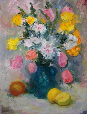 Marie-Claude Valat, französische Künstlerin, Blumenstillleben, Öl/Lwd, links unten signiert, rückseitig signiert, ca. 65x50 cm, Rahmen