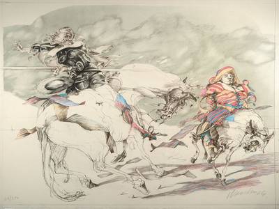 Unbekannter Künstler, 70er Jahre, Don quichotte in grotesker Haltung, Lithographie, partiell koloriert, rechts unten unleserlich signiert, ...