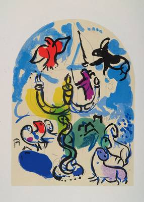 Marc Chagall, 1887-1985, 4 Farblithographien, Glasmalereien für Jerusalem, Titel: Jerusalemer Fenster, ca. 25x19 cm, gesamt ca. 50x40 cm, PP