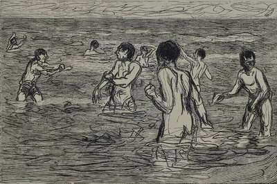 Max Liebermann, 1847-1935, Original Holzschnitt auf Bütten, Titel:"Badende Jungen", ca. 25,5x25 cm, gesamt ca. 50x40 cm, PP