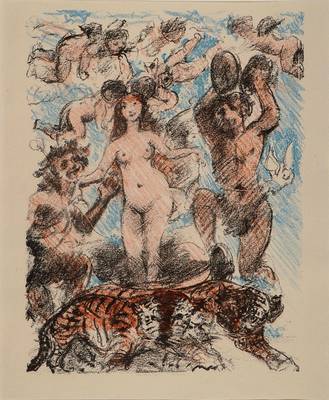 Lovis Corinth, 1858-1925, Original Farblithographie, "Aktdarstellung mit Bacchant, tanzenden Frauen und fliegenden Amoretten", ca. 28x24 ...