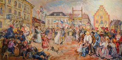 Marie Strieffler, 1917-1987, Landauer Marktplatz, Öl/Lwd, links unten signiert und datiert 68, ca. 60x120 cm, Rahmen