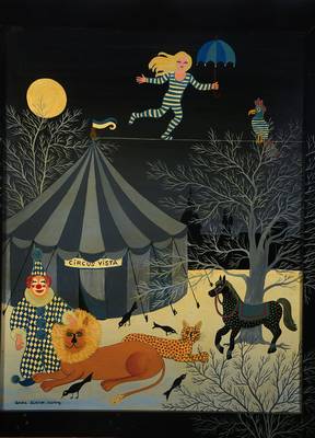 Anita Büscher, zeitgenössische Künstlerin, naive Malerei, links unten signiert, rückseitig bezeichnet: Circusleben, ca. 50x40 cm, Rahmen