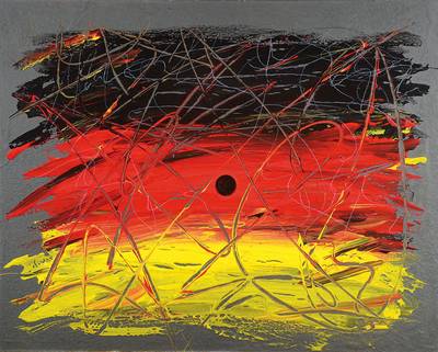 Günther Schäfer, geb. 1959, Stunde Null - Währungsunion 1990, Mischtechnik auf Malplatte, rückseitig signiert, ca. 40x50 cm, Metallrahmen
