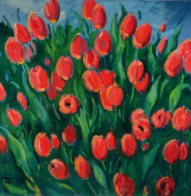 Helmut Müller-Wiehl, 1923-1998, Tulpen, Öl/Lwd, links unten signiert und datiert 95, ca. 80x80 cm, Rahmen