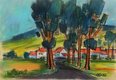 Helmut Müller-Wiehl, 1923-1998, Straße nach Neudingen bei Donaueschingen, Pastellkreide auf Papier, signiert und datiert 83, ca. 29x41cm, PP, unter ...