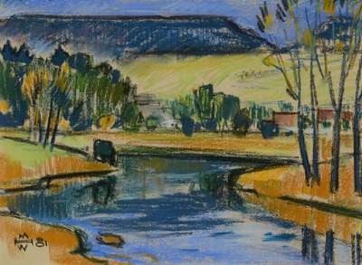 Helmut Müller-Wiehl, 1923-1998, Junge Donau mit Fürstenberg, Pastellkreide auf Papier, signiert und datiert 81, ca. 28x38 cm, PP, unter Glas gerahmt
