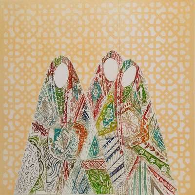 Issam El-Said, 1938-1988, Drei Frauen, Farbaquatintaradierung, handsigniert, num. 83/100, ca. 34x34cm, unter Glas, Rahmen, Glas gesprungen, linke ...