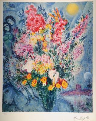 Marc Chagall, 1887-1985, Farblithographie, drucksigniert und nummeriert 228/250, ca. 70x57,5 cm, unter Glas gerahmt