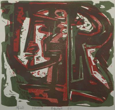 Max Kaus, 1891-1977, Farbholzschnitt, Eteokles, signiert und betitelt, datiert 64, bezeichnet Probedruck, ca. 40x47 cm, unter Glas gerahmt