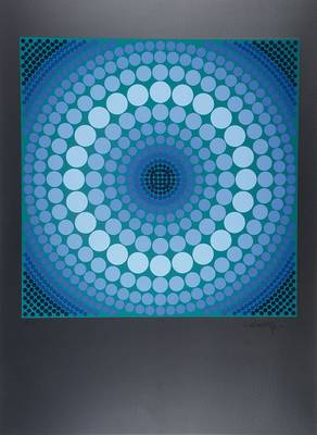 Victor Vasarely, 1908-1997, Ara, Serigrafie in 10 Farben auf silbernem Grund auf Karton, aus 1979, handsigniert und nummeriert 82/90, Kat. Wiesloch ...