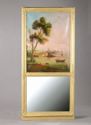 Trumeau, um 1850/60, Holz goldfarben neu gefasst, Rahmen mit barocker Ornamentik, z.T. graviert, Ölbild mit Hafenansicht, unterer Spiegel ...