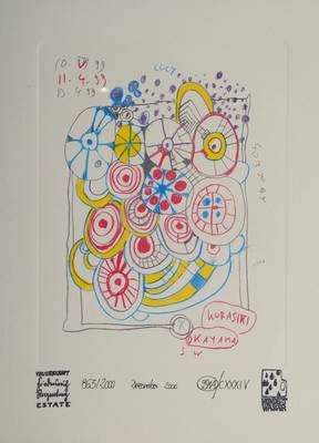 Friedensreich Hundertwasser, 1928-2000, Radierung, nummeriert 863/2000, Platte ca. 17,5x13,5 cm, Blattgr. ca. 24,5x20 cm, unter Glas gerahmt