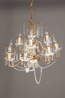 Deckenlampe, 1950er Jahre, 9 Brennstellen, Messingmontur im Kordeldesign, reicher facettierter Glasbehang, Elektr. nicht geprüft, H. ca. 50cm, D. ...