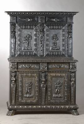 Aufsatzschrank, wohl Belgien, um 1870-90, Eiche geschwärzt, Innenleben in Mahagoni furniert, Aufsatz 2-türig, innen 1 Einlegeboden, Kredenz ...