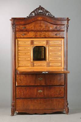Standsekretär, mitteldeutsch, um 1860/70, Louis-Philippe, Mahagoni- bzw. Pyramidenmahagonifurnier, 4-schübig mit aufklappbarer Schreiblade, ...
