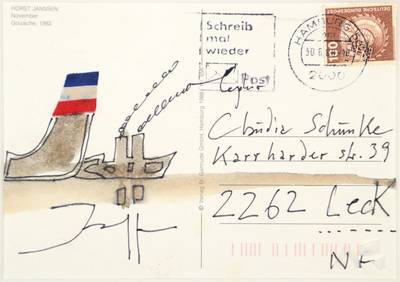 Horst Janssen, 1929-1995, Multiple: handgeschriebene Postkarte mit aquarellierter und applizierter Zeichnung, geschrieben an seine damalige Geliebte ...