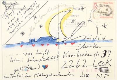 Horst Janssen, 1929-1995, Multiple: handgeschriebene Postkarte mit Buntstiftzeichnung, geschrieben an seine damalige Geliebte Claudia Schunke, aus ...