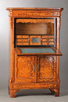 Standsekretär, Holland, um 1850/60, Korpus Eiche massiv, abgeschrägte Ecken, integr. Schublade, unten 2-türig, Schreibplatte mit Leder beschlagen, ...