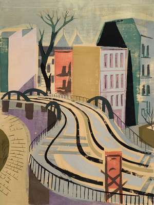 Erhard Groß, geb. 1926, Berliner Maler u. Grafiker, Berliner Hochbahnkurve, Siebdruck, signiert und datiert 58, nummeriert 2/10 und betitelt, Motiv ...