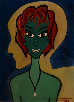 Unbekannter zeitgenössischer Künstler, Abstraktes Mädchenporträt, Acryl/Malplatte, rechts unten signiert Mono und datiert 1960, ca. 60x45