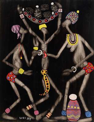 Francois Iloki, 1934 Owando (damals Fort- Rousset/Kongo) bis 1993, drei Figuren mit Früchtekorb, Gouachemalerei auf schwarzem Schabgrund, li. u. ...